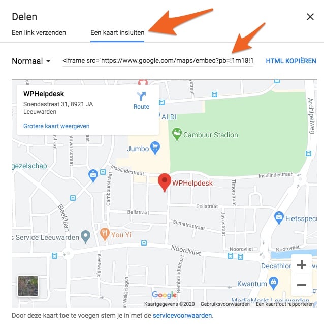 Google maps tab, kaart insluiten, kopieër html