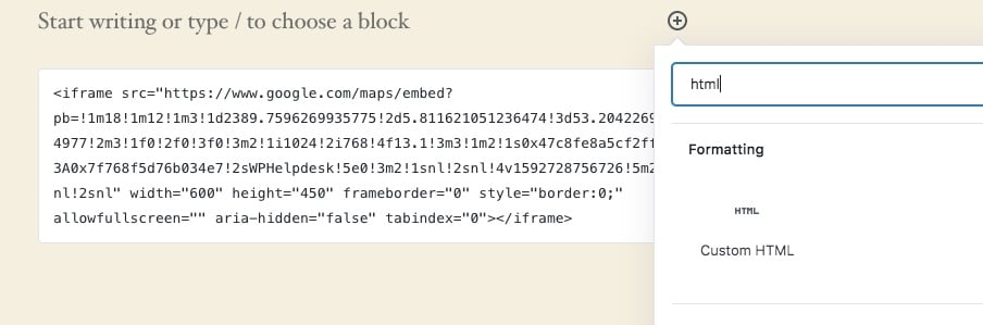 Google Maps code in HTML blok WordPress blok editor