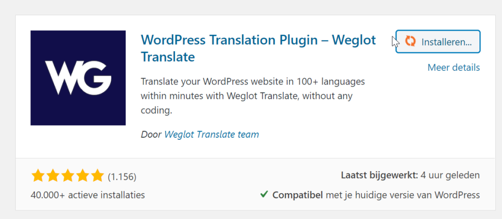 Installeer de Weglot plugin vanuit je WordPress dashboard