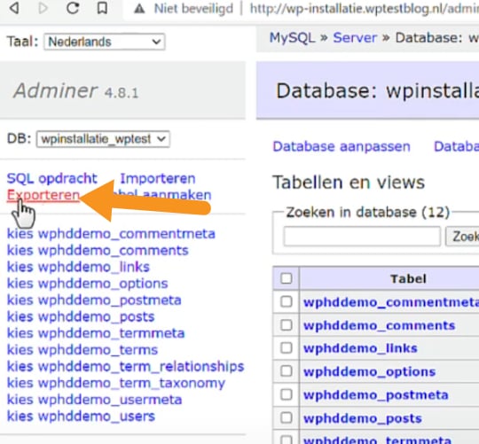 database exporteren in adminer